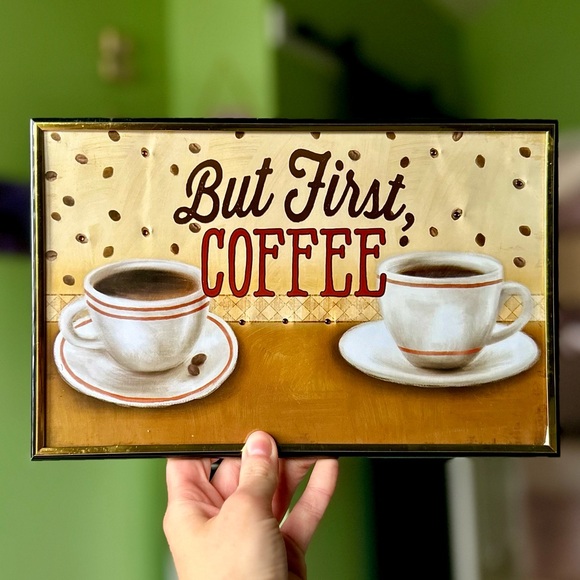 Other - Rustic Kitchen Coffee Beans & Coffee In Cups Saucer Framed Wall Decor Art